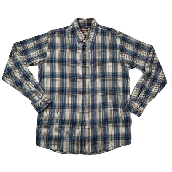 Wrangler Shirt Men's Long Sleeve Collared Plaid Button Up Blue Cream Tan Medium - Picture 1 of 11